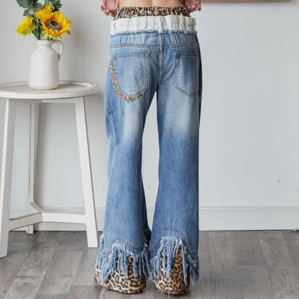Oli & Hali Blue Denim Wide-Leg Jeans with Leopard Trim - Picture 2 of 6